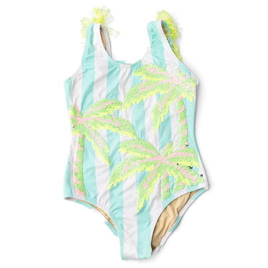 Palm Stripe Girls Sequin Fringe Back One Piece Swimsuit