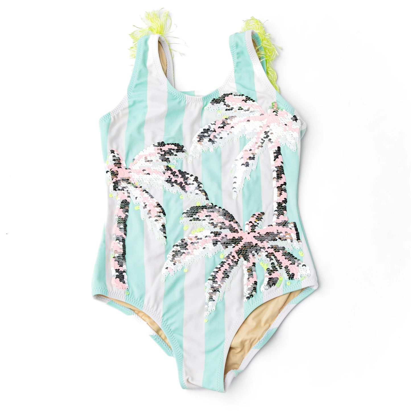 Palm Stripe Girls Sequin Fringe Back One Piece Swimsuit