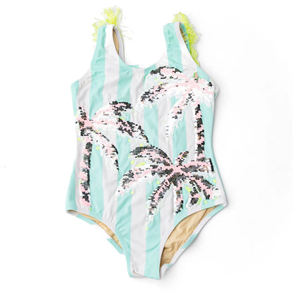Palm Stripe Girls Sequin Fringe Back One Piece Swimsuit