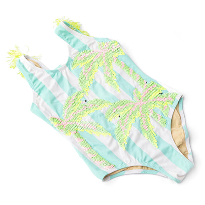 Palm Stripe Girls Sequin Fringe Back One Piece Swimsuit