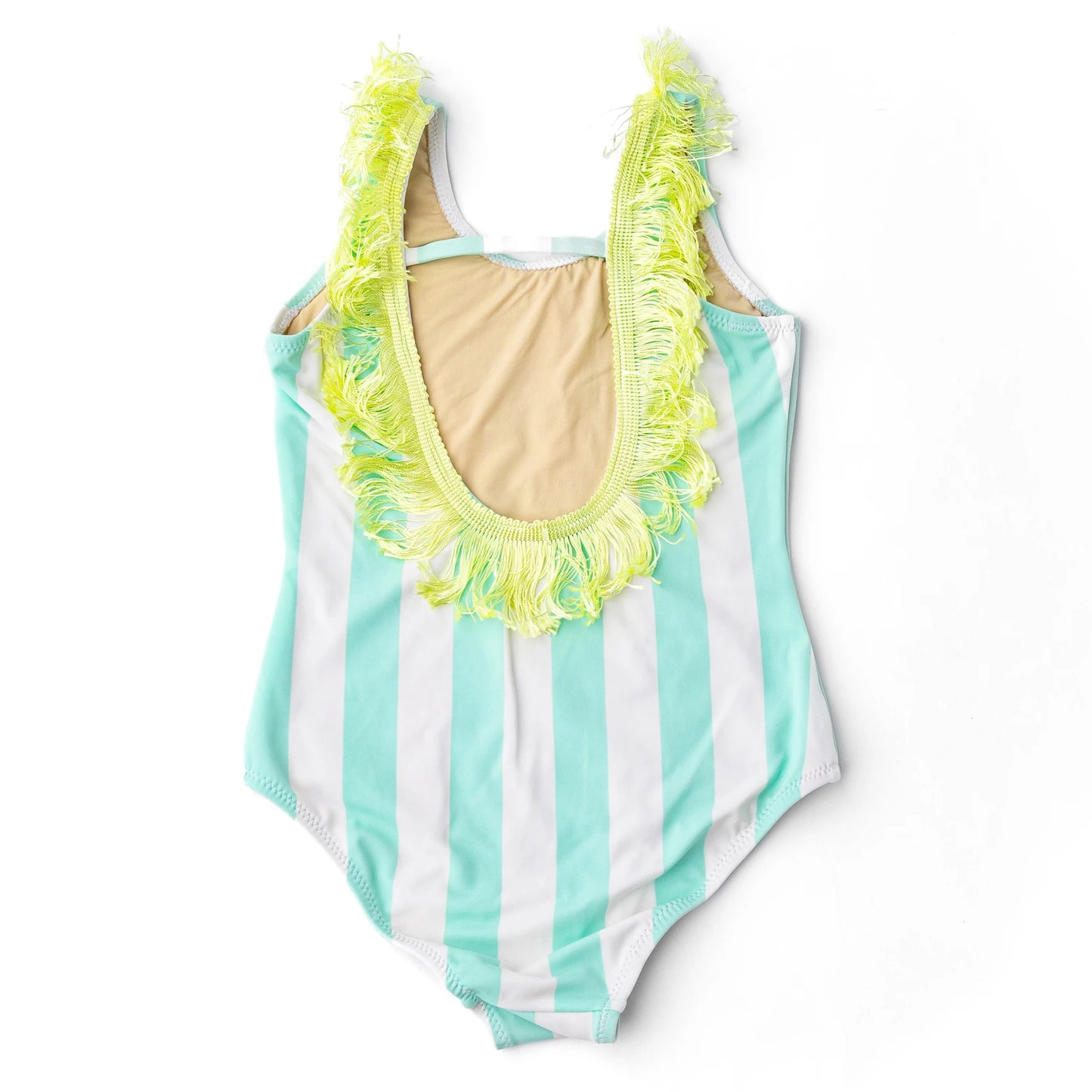 Palm Stripe Girls Sequin Fringe Back One Piece Swimsuit