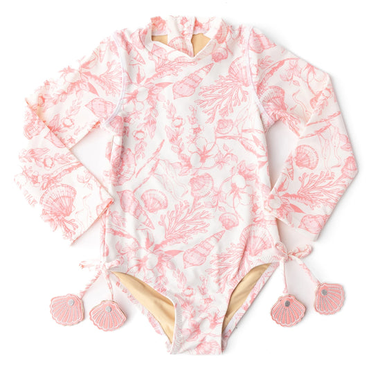 Seaside Toile Girls Long Sleeve One Piece Swimsuit