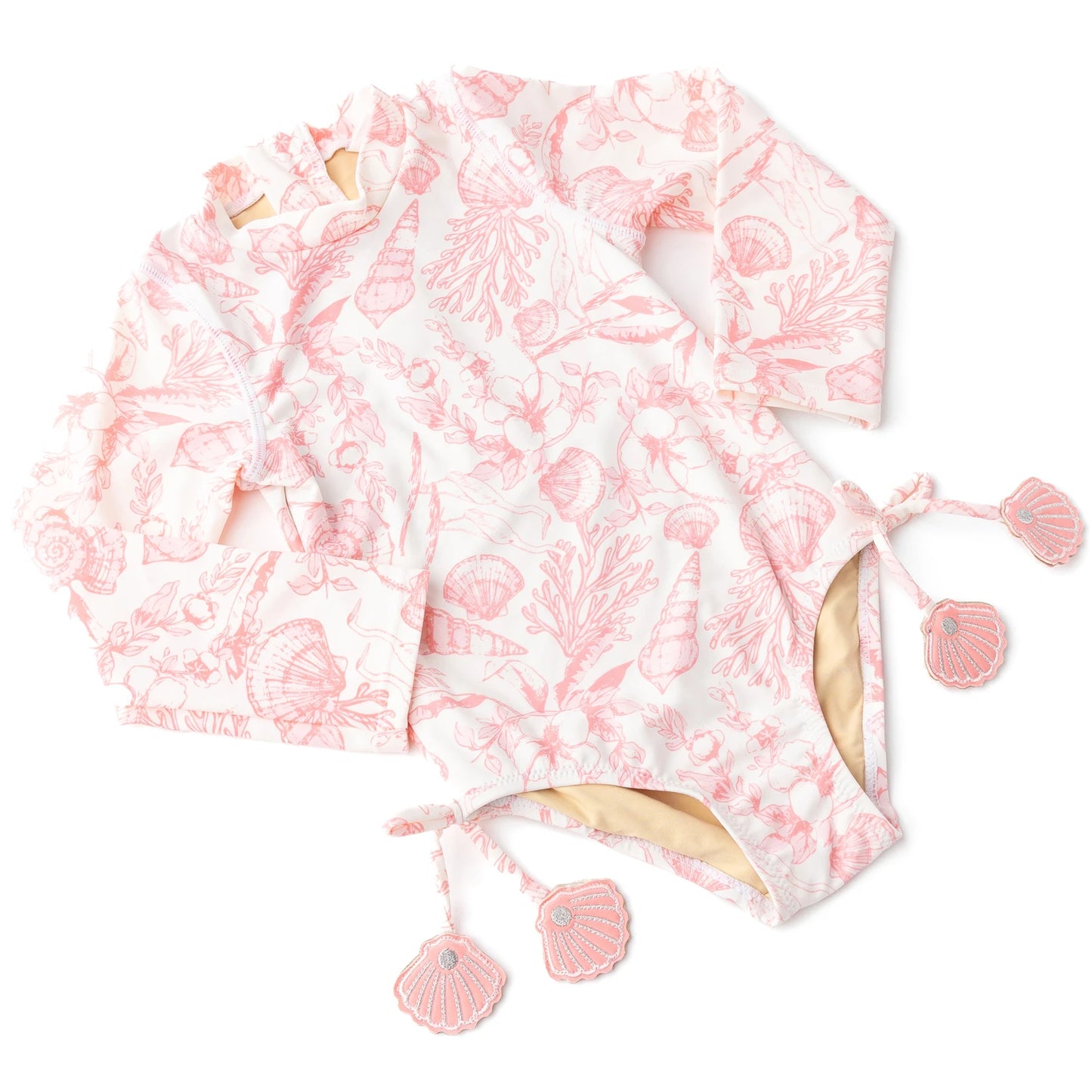 Seaside Toile Girls Long Sleeve One Piece Swimsuit