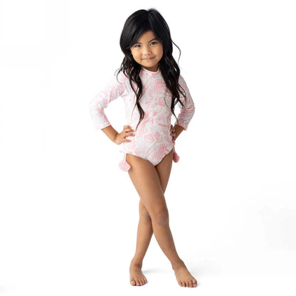Seaside Toile Girls Long Sleeve One Piece Swimsuit