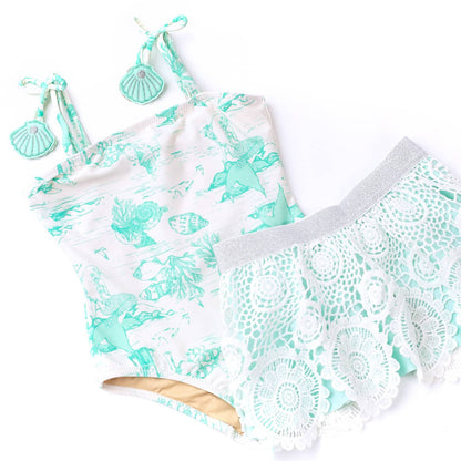 Mermaid Toile PomPom One Piece & Skirt Swim Set