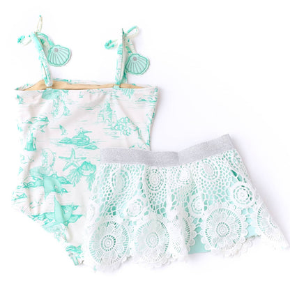 Mermaid Toile PomPom One Piece & Skirt Swim Set