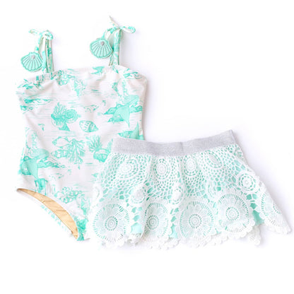 Mermaid Toile PomPom One Piece & Skirt Swim Set