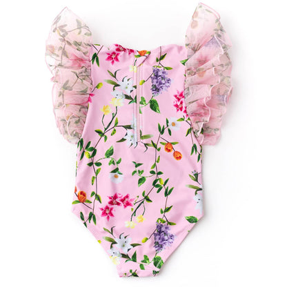 Tulle Sleeve Wildflowers Swimsuit