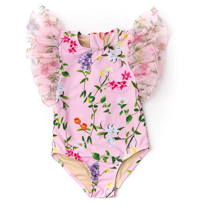 Tulle Sleeve Wildflowers Swimsuit