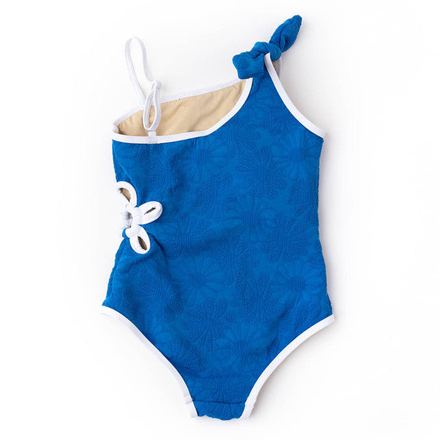 Royal Blue Floral Textured One Shoulder Swimsuit