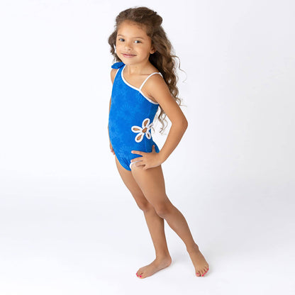 Royal Blue Floral Textured One Shoulder Swimsuit