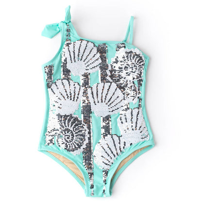 Mint Shells Flip Sequin- One Shoulder Swimsuit