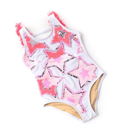 Stars Girls Fringe Back Flip Sequin One Piece Swimsuit