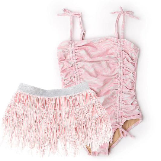 Pink Swirl Cinched Swimsuit with Skirt