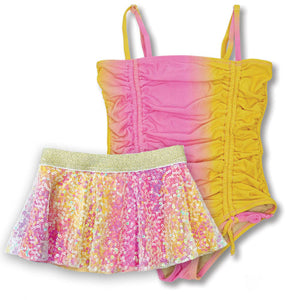 Sunset Ombre Ribbed Swimsuit with Daisy Paillette Skirt