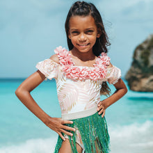 Load image into Gallery viewer, Hula White Off the Shoulder Swimsuit w/Fringe Skirt
