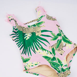 Tropical Leopard Fringe Back Girls Swimsuit