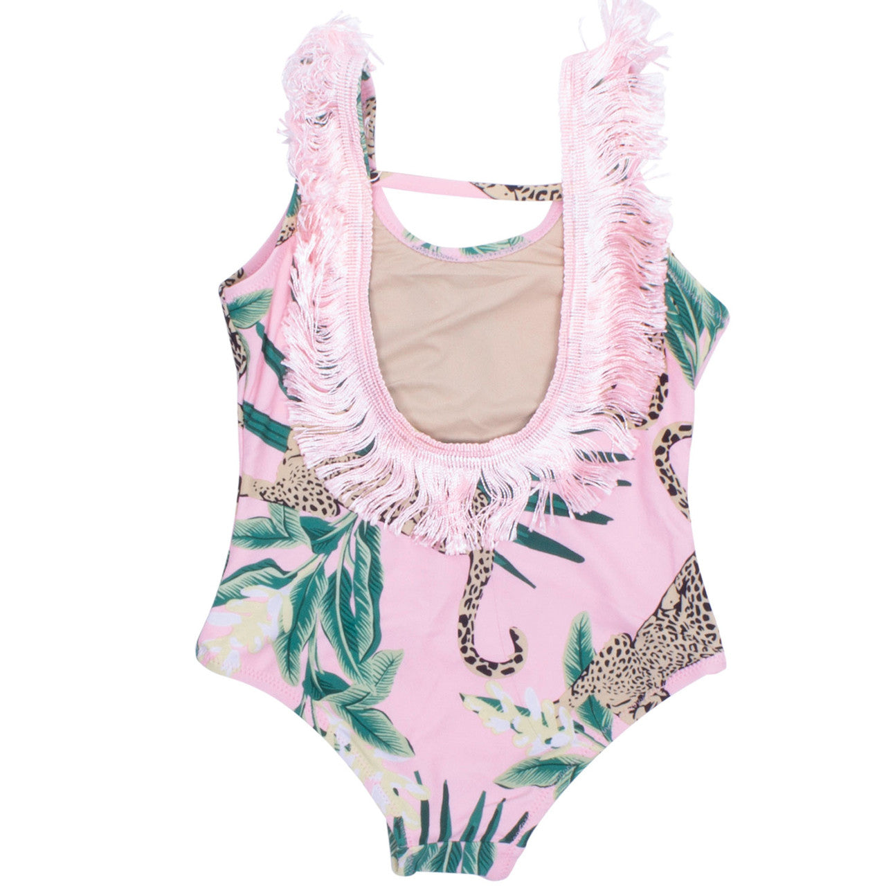 Tropical Leopard Fringe Back Girls Swimsuit