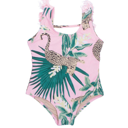 Tropical Leopard Fringe Back Girls Swimsuit