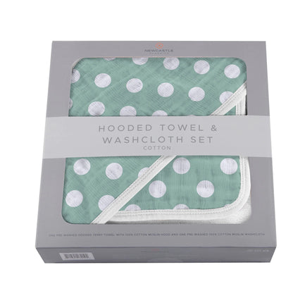 Jade Polka Dot Cotton Hooded Towel and Washcloth Set