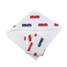 Load image into Gallery viewer, Blue and Red Fire Trucks Hooded Towel and Washcloth Set
