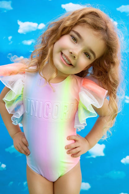 Tulle Sleeve Rainbow Unicorn Swimsuit