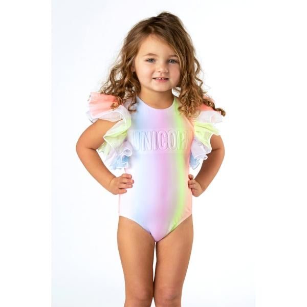 Tulle Sleeve Rainbow Unicorn Swimsuit